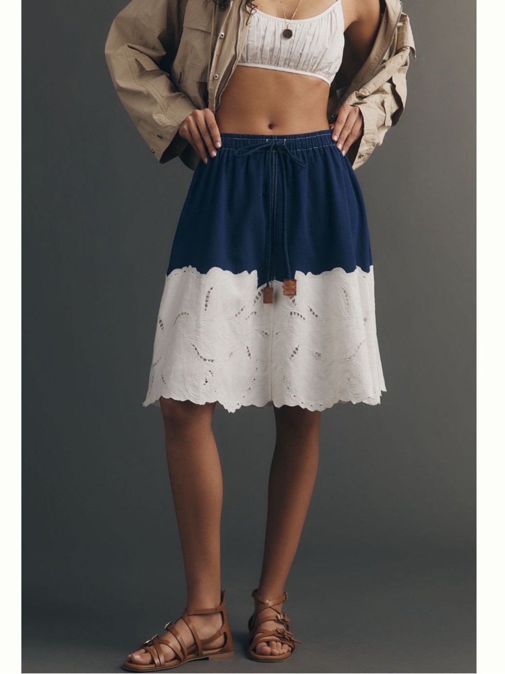 🟤NWT MAEVE by ANTHROPOLOGIE Eyelet A-Line Midi Skirt in Navy/White XS